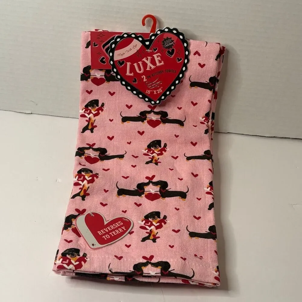 Luxe Pink Dachshund Heart Kitchen Towels 2 Pack 100 Cotton Reversible Terry NEW